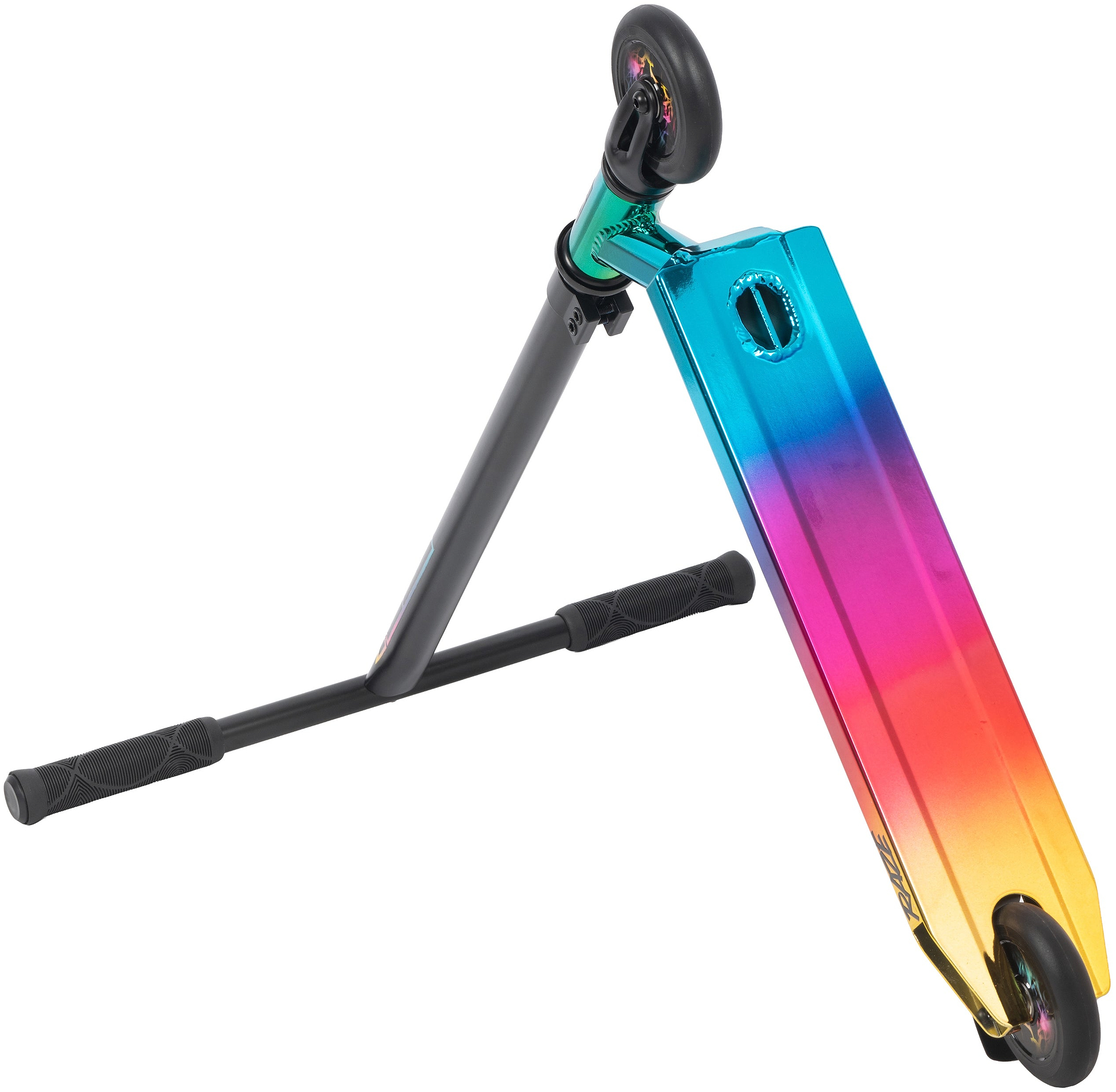 The Legacy Raze Complete Stunt Scooter by Legacy features black handlebars and a deck with an oil slick neochrome finish in blue, pink, orange, and yellow, shown tilted on its side with one wheel in the air.
