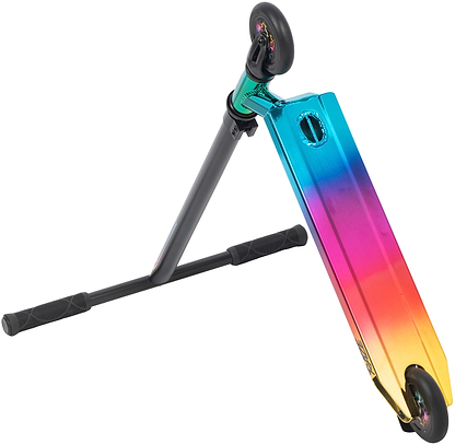 The Legacy Raze Complete Stunt Scooter by Legacy features black handlebars and a deck with an oil slick neochrome finish in blue, pink, orange, and yellow, shown tilted on its side with one wheel in the air.