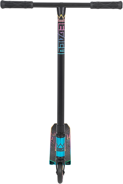 Front view of the Legacy Raze Complete Stunt Scooter in Oil Slick/Neochrome by Legacy, featuring colorful geometric stem and deck, single black front wheel, and textured handlebars—ideal for stylish beginner riders.