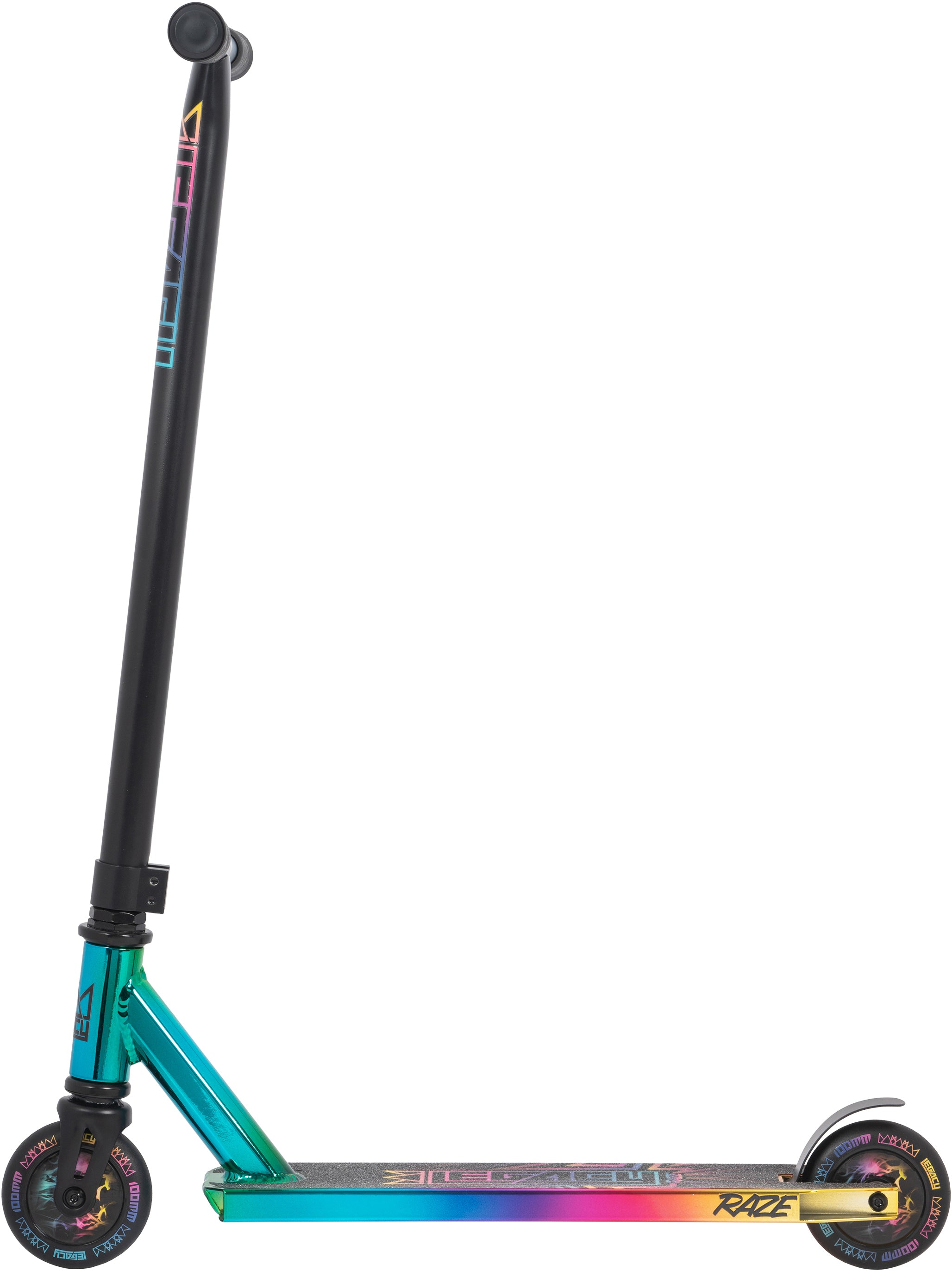 The Legacy Raze Complete Stunt Scooter by Legacy features a black handlebar, an iridescent oil slick deck and fork, small wheels with colorful graphics, and “RAZE” printed on the deck.