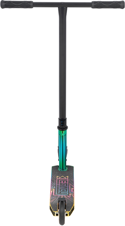 Front view of the Legacy Raze Complete Stunt Scooter by Legacy in Oil Slick/Neochrome, featuring a T-shaped handlebar, textured deck with colorful geometric design, and single front wheel—ideal for beginners learning new tricks.