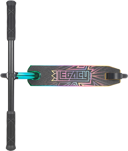 Top-down view of the Legacy Raze Complete Stunt Scooter by Legacy, featuring black handlebars, a bold "LEGACY" logo, and a vibrant geometric deck design in oil slick/neochrome.