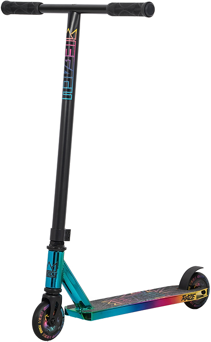 The Legacy Raze Complete Stunt Scooter by Legacy features an oil slick/neochrome deck and wheels, plus black handlebars and stem—an ideal beginner scooter for aspiring riders.