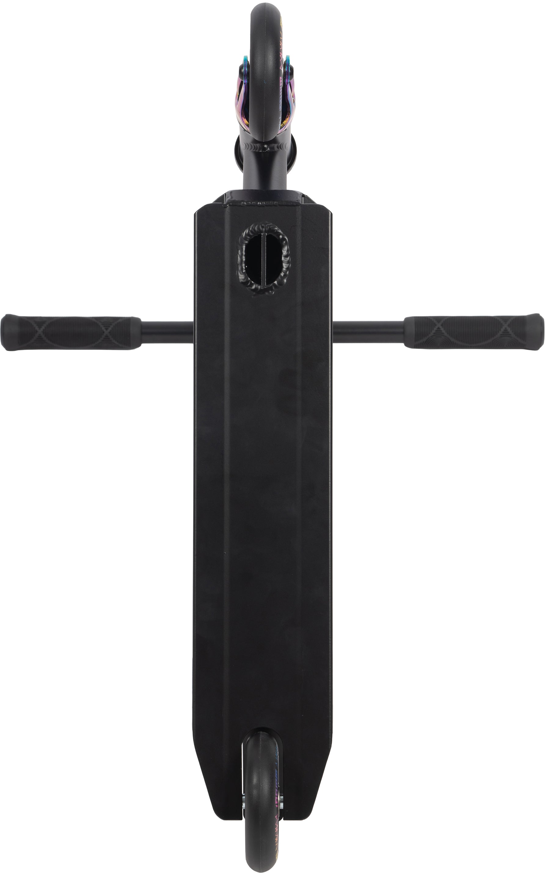 Top-down view of the Legacy Raze Complete Stunt Scooter by Legacy in Black / Oil Slick Neochrome, showing handlebars extended sideways with one wheel visible at the top and one at the bottom.