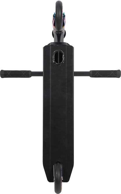 Top-down view of the Legacy Raze Complete Stunt Scooter by Legacy in Black / Oil Slick Neochrome, showing handlebars extended sideways with one wheel visible at the top and one at the bottom.