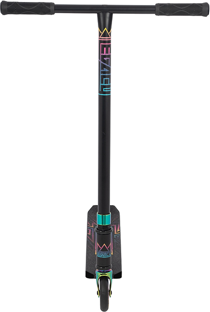 The Legacy Raze Complete Stunt Scooter by Legacy features a black front view with oil slick neochrome accents, teal and pink geometric details, a textured foot deck, and black handlebars.