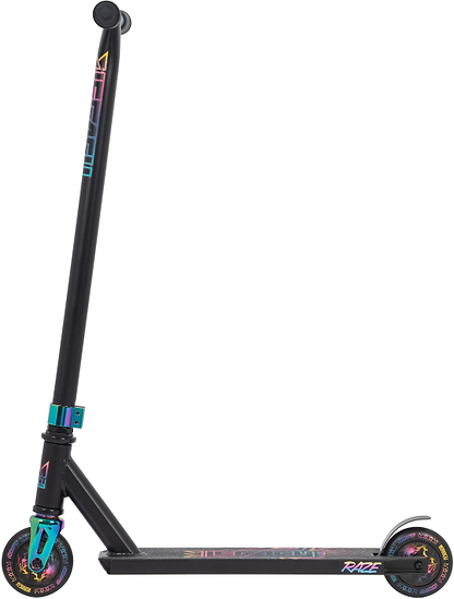 The Legacy Raze Complete Stunt Scooter by Legacy features a black design with oil slick neochrome details on the wheels, neck, and deck, displayed in a side view against a white background.