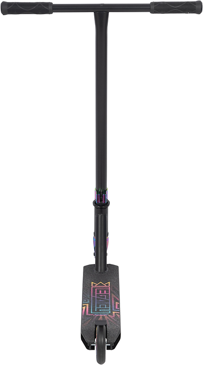 The Legacy Raze Complete Stunt Scooter by Legacy, in Black/Oil Slick Neochrome, features a straight handlebar with grips and a vibrant geometric crown deck design—ideal for beginners seeking their first stunt scooter.