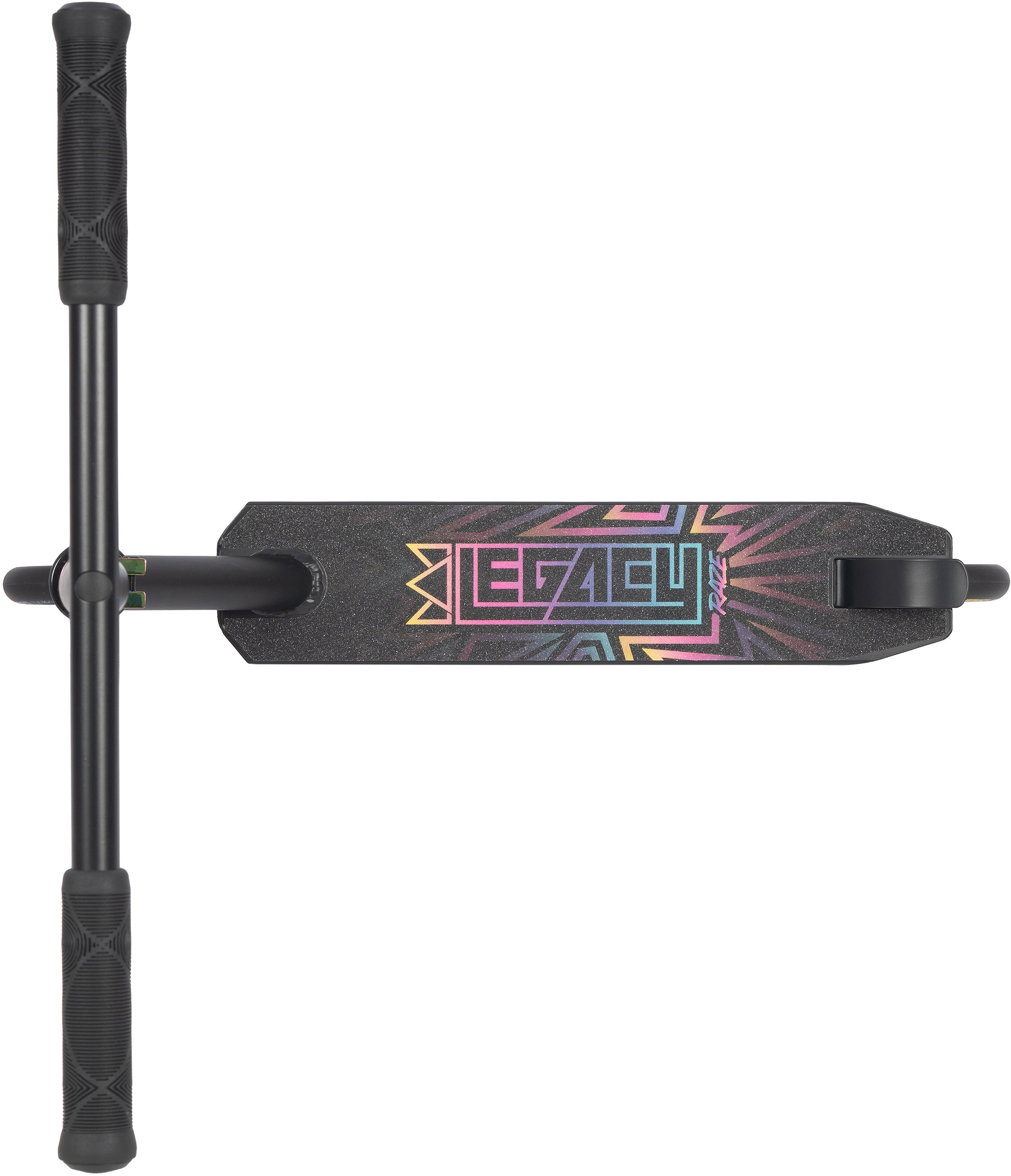 Top-down view of the Legacy Raze Complete Stunt Scooter by Legacy in Black/Oil Slick Neochrome, featuring a textured deck with a colorful "LEGACY" logo, geometric design, and sturdy black handlebars—ideal for beginner riders.