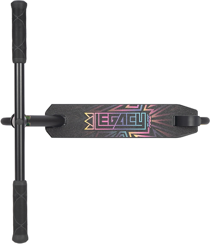 Top-down view of the Legacy Raze Complete Stunt Scooter by Legacy in Black/Oil Slick Neochrome, featuring a textured deck with a colorful "LEGACY" logo, geometric design, and sturdy black handlebars—ideal for beginner riders.