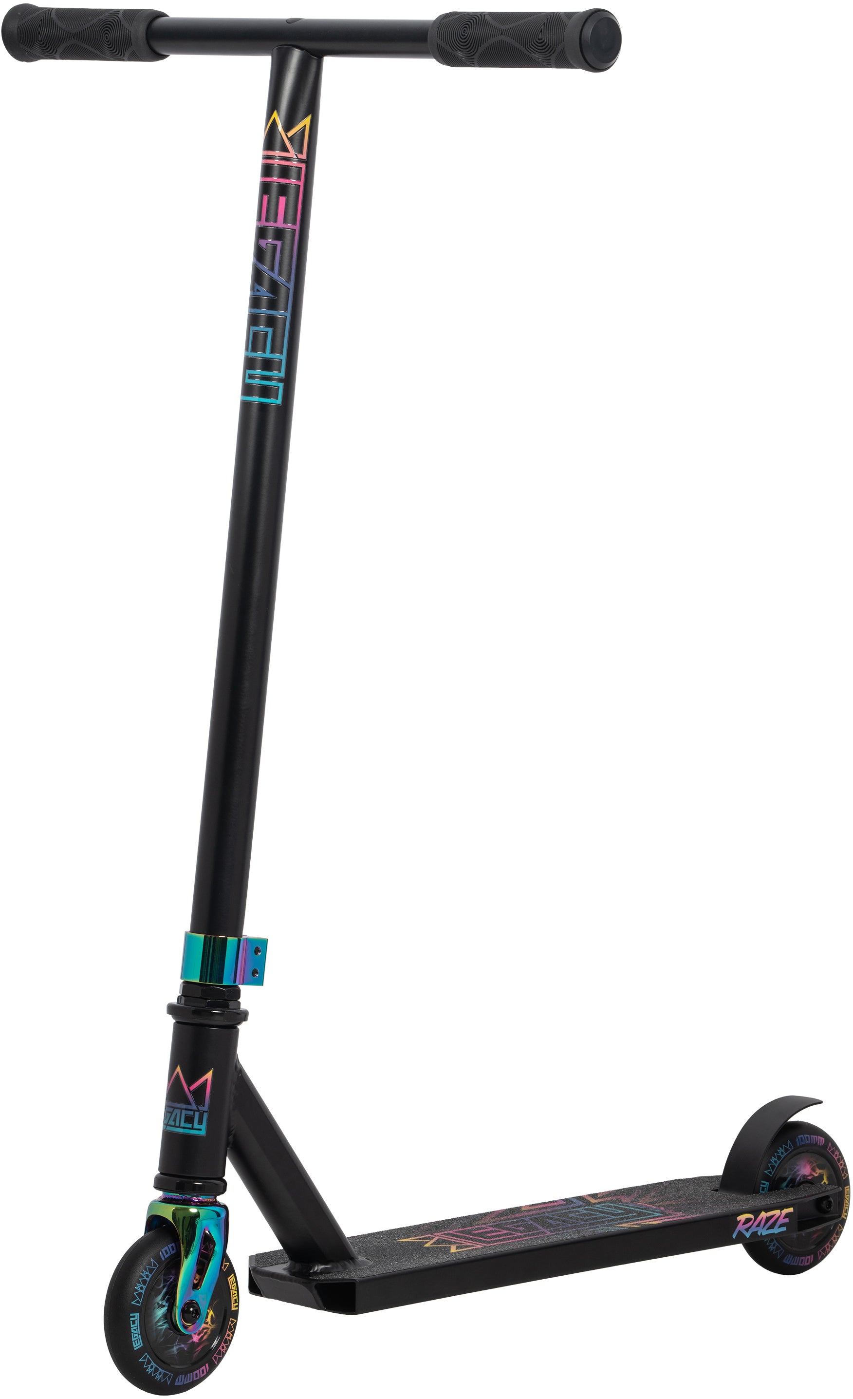 The Legacy Raze Complete Stunt Scooter in Black/Oil Slick Neochrome features eye-catching oil slick accents on the wheels, clamp, headset, and deck, plus "Legacy" branding on the deck and handlebar. Perfect for beginners.