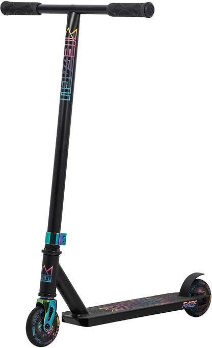 The Legacy Raze Complete Stunt Scooter in Black/Oil Slick Neochrome features eye-catching oil slick accents on the wheels, clamp, headset, and deck, plus "Legacy" branding on the deck and handlebar. Perfect for beginners.