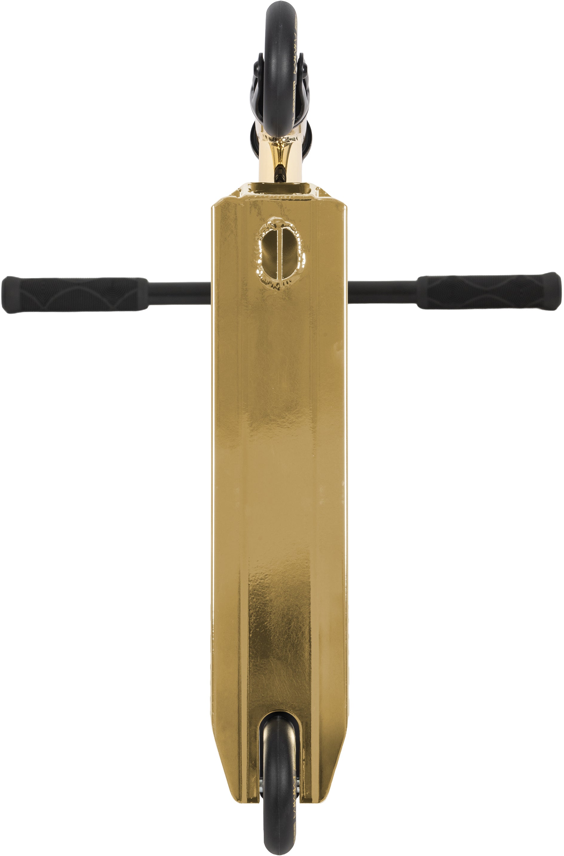 Top view of the Legacy Raze Complete Stunt Scooter in gold and black by Legacy, featuring black handlebars and wheels, isolated on a white background.