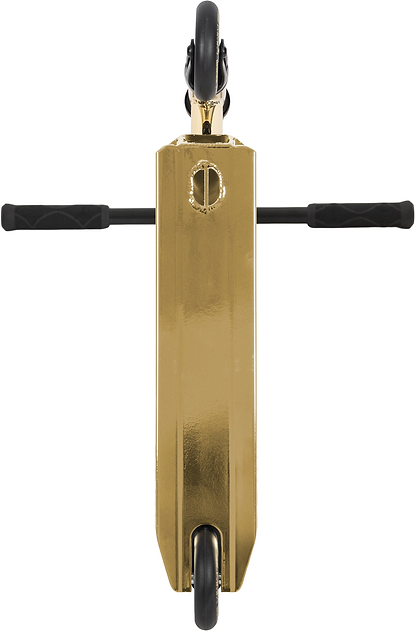 Top view of the Legacy Raze Complete Stunt Scooter in gold and black by Legacy, featuring black handlebars and wheels, isolated on a white background.