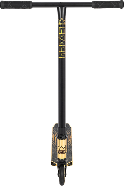 Front view of the Legacy Raze Complete Stunt Scooter by Legacy in gold and black, featuring geometric designs, a crown logo on the deck, and black handlebar grips.