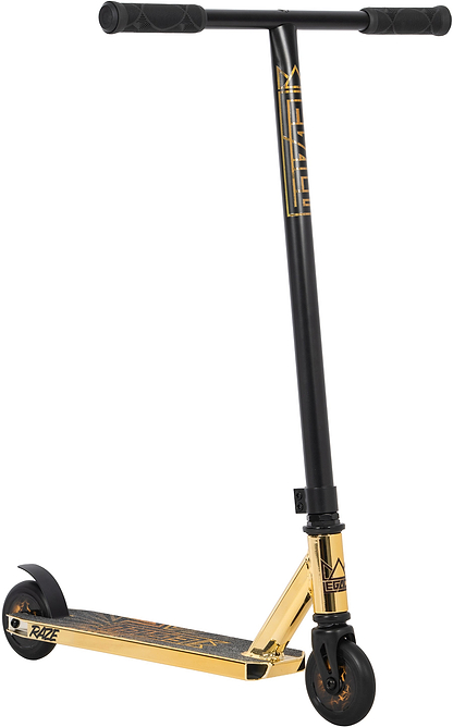 The Legacy Raze Complete Stunt Scooter by Legacy features a black and gold design, T-bar handle with black grips, small black wheels, and a deck with gold accents and textured surface—perfect for the park.
