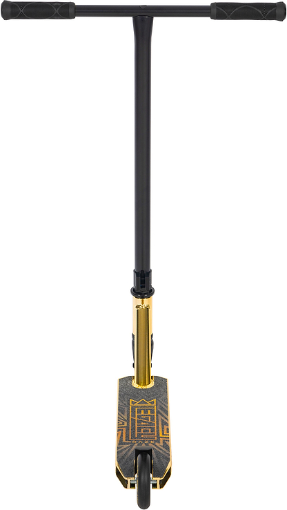 The Legacy Raze Complete Stunt Scooter by Legacy is shown front-facing in gold and black, with a T-shaped handlebar, gold neck accents, and a geometric deck pattern above its single front wheel.