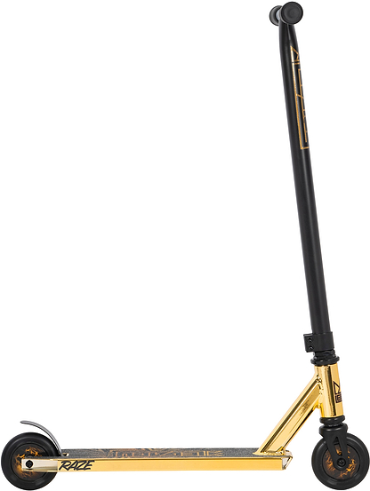 The Legacy Raze Complete Stunt Scooter in gold and black features a T-bar handle, small black wheels, and "RAZE" branding on the deck. Shown side-on against a white background, this park-ready scooter is by Legacy.