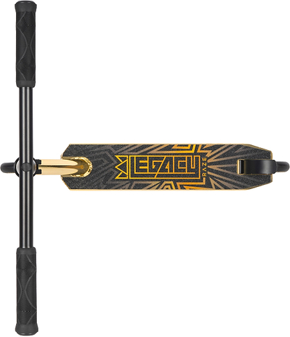 Top view of the Legacy Raze Complete Stunt Scooter in gold/black by Legacy, featuring bold "LEGACY RAZE" text on the deck, black handlebars with textured grips, and eye-catching geometric patterns—ideal for park stunts.