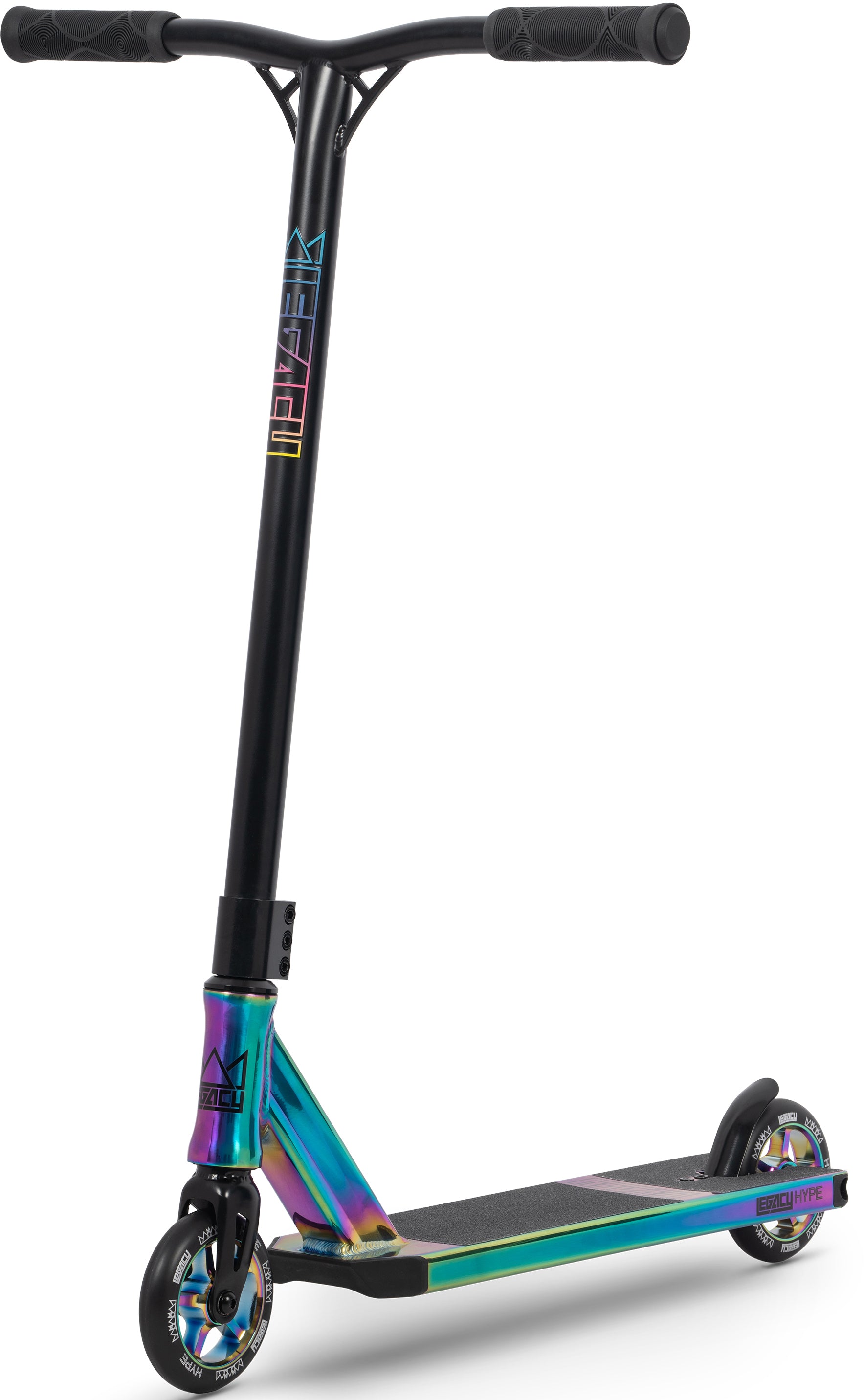 Introducing the Legacy Hype Complete Stunt Scooter - Rainbow Neochrome by Legacy, featuring a black handlebar, iridescent rainbow neochrome deck and fork, black grips, black grip tape on the deck, and metal core wheels—perfect for riders who want to stand out at the skatepark.