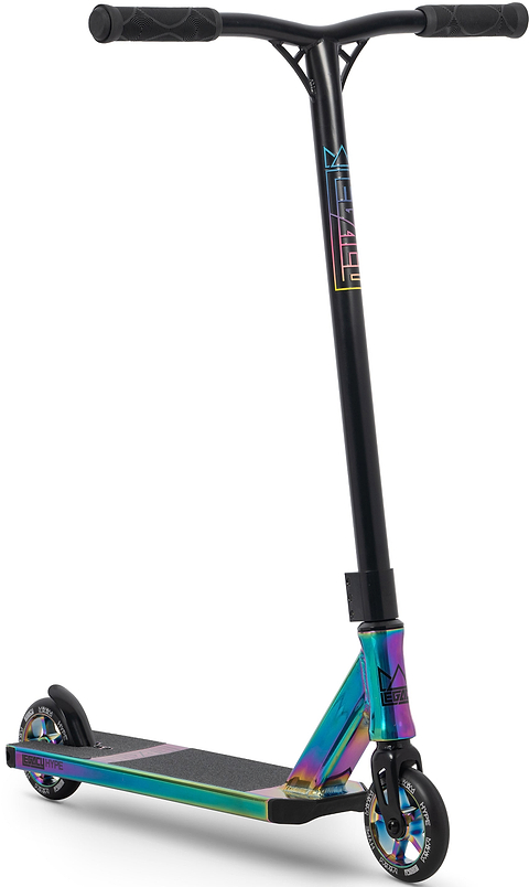 Introducing the Legacy Hype Complete Stunt Scooter - Rainbow Neochrome by Legacy. Featuring a sleek black handlebar and a vibrant, iridescent rainbow neochrome deck and wheel forks, this eye-catching scooter also includes matching iridescent wheels for a standout look. Perfect for the stunt scooter skatepark, the Legacy Hype stands upright on a clean white background.