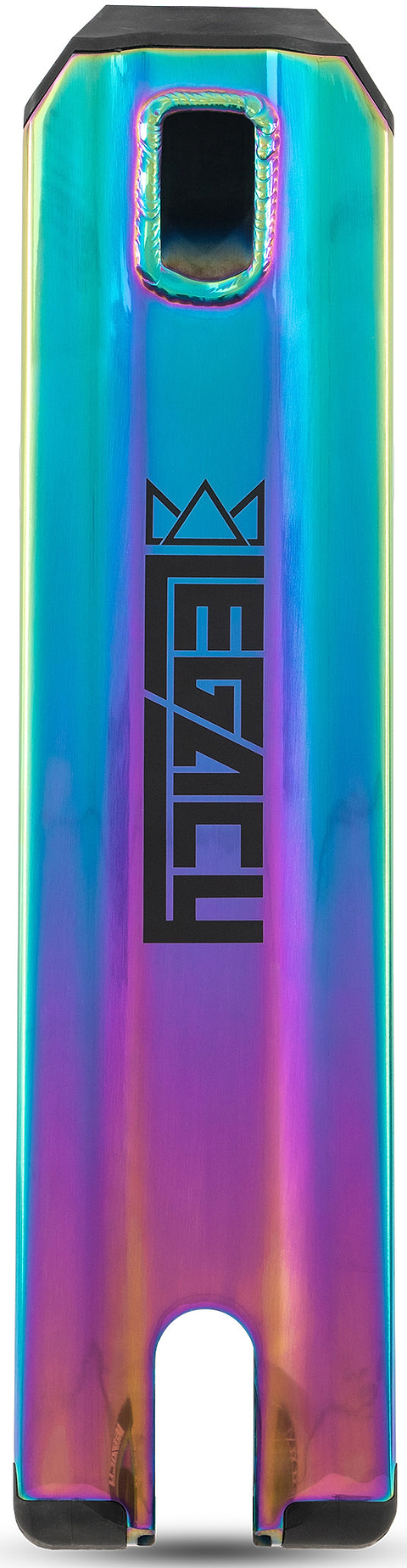Show off your style at any skatepark with the Legacy Hype Complete Stunt Scooter - Rainbow Neochrome by Legacy, featuring a striking metallic rainbow finish, a back cutout, and a crown logo above the word “ENVY” printed in black on the deck surface.