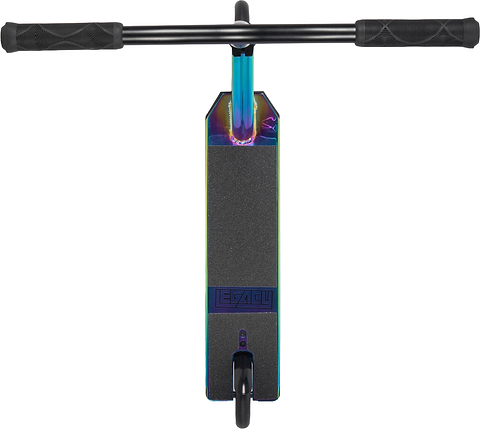 Top-down view of the Legacy Hype Complete Stunt Scooter - Rainbow Neochrome by Legacy, featuring black grips, a black deck with vibrant purple and blue accents, and “LEGACY” emblazoned on the deck above the front wheel—a design certain to fuel your legacy hype.