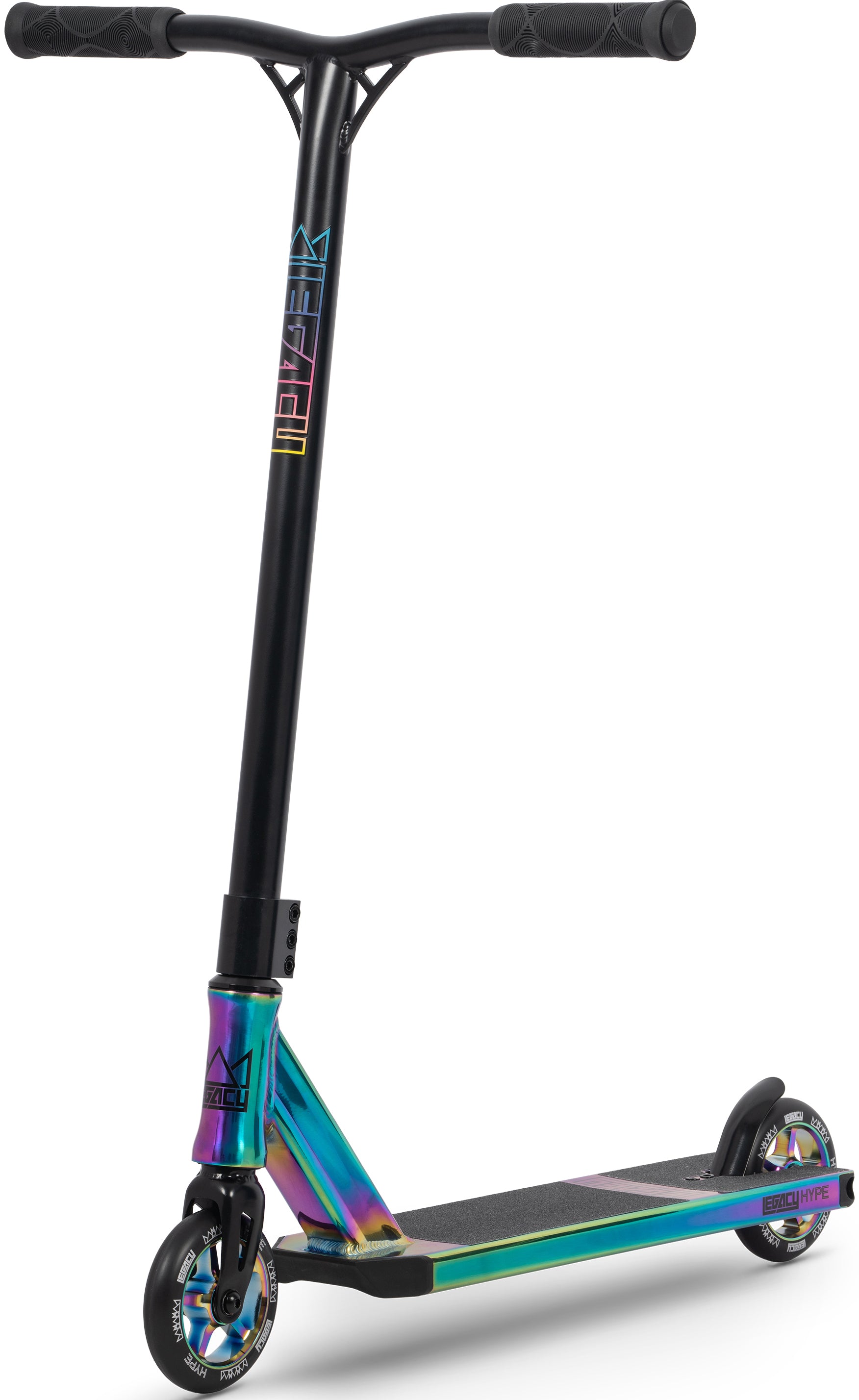The Legacy Hype Complete Stunt Scooter by Legacy features a black handlebar paired with a vibrant rainbow neochrome deck and front fork, crafted for standout performance at the skatepark, and is displayed against a white background.