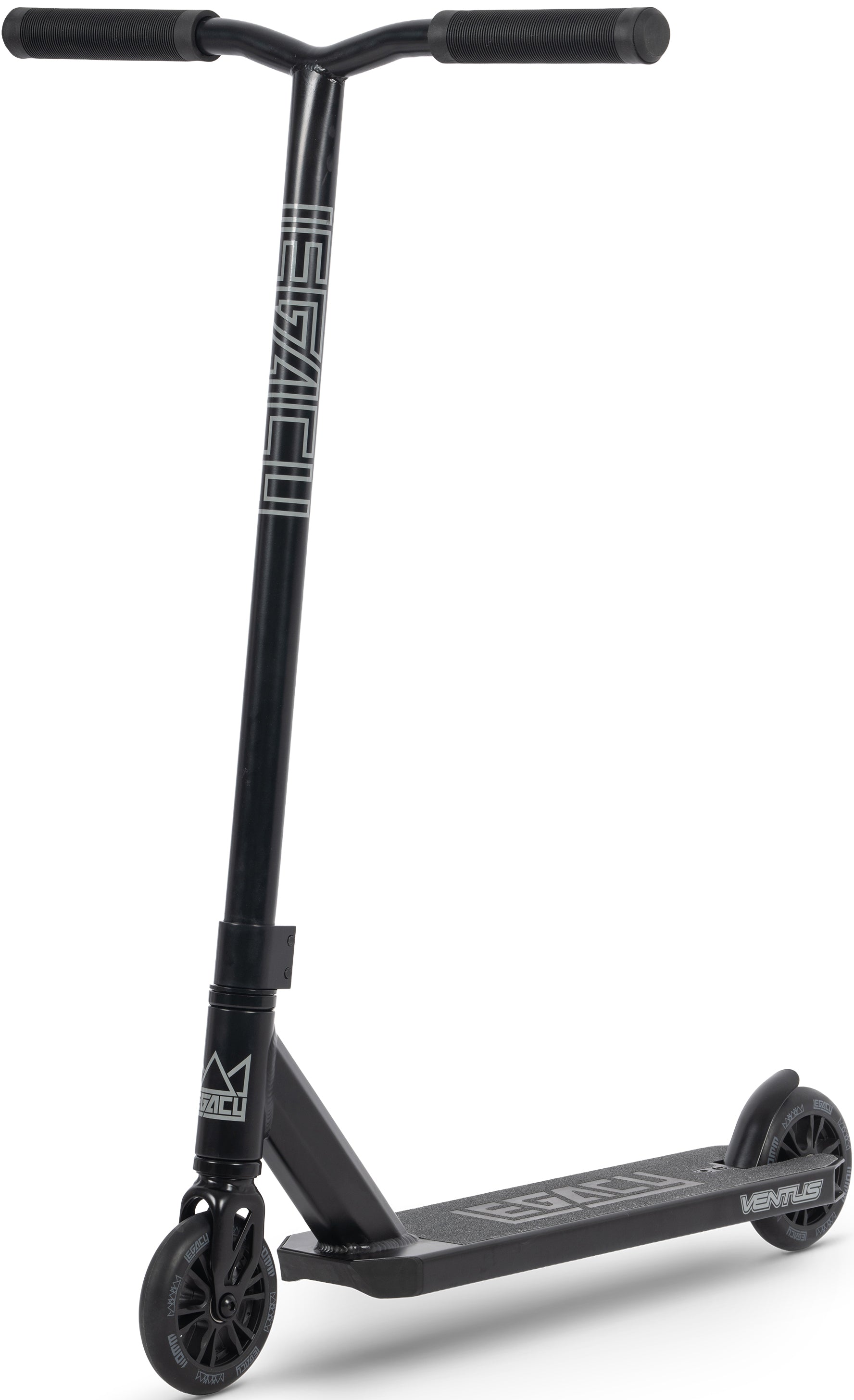 Introducing the Legacy Ventus Complete Stunt Scooter in Black by Legacy—a sleek black pro scooter designed for freestyle stunts. It features a T-shaped handlebar, black wheels, and bold “VENTUS” branding on both the deck and handlebar stem, making it an ideal stunt scooter for riders eager to make an impression at the skatepark.