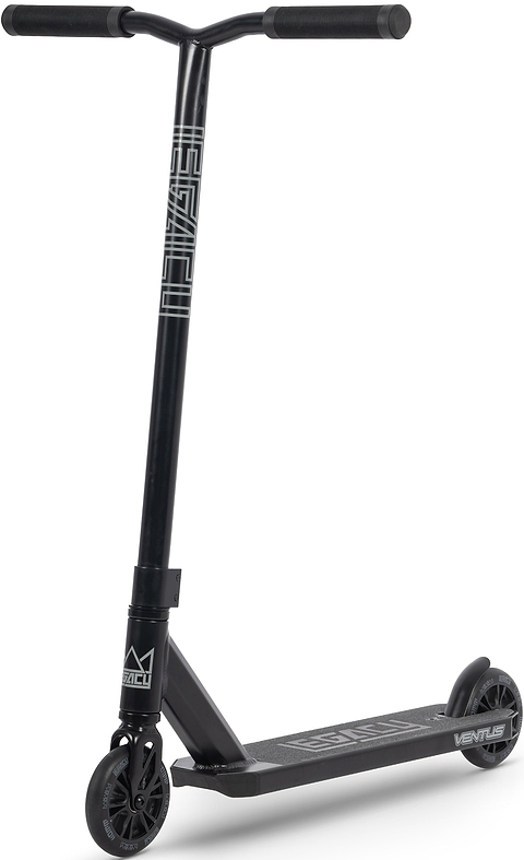 Introducing the Legacy Ventus Complete Stunt Scooter in Black by Legacy—a sleek black pro scooter designed for freestyle stunts. It features a T-shaped handlebar, black wheels, and bold “VENTUS” branding on both the deck and handlebar stem, making it an ideal stunt scooter for riders eager to make an impression at the skatepark.