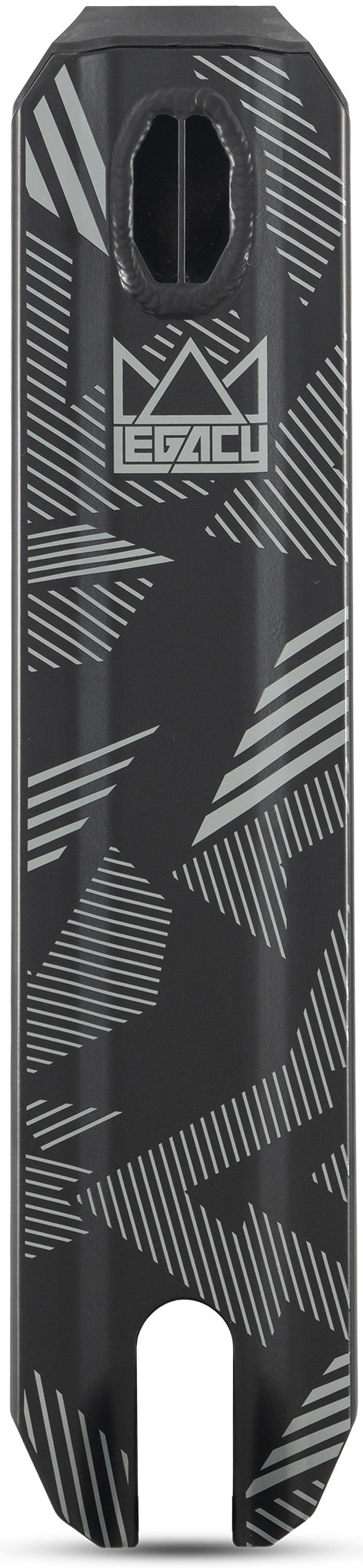 The Legacy Ventus Complete Stunt Scooter - Black by Legacy features a black pro scooter deck adorned with white geometric line patterns, the “LEGACY” logo near the top, a rectangular cutout beside the logo, and a rounded cutout at the bottom for wheel clearance—making it ideal for any stunt scooter or skatepark setup.