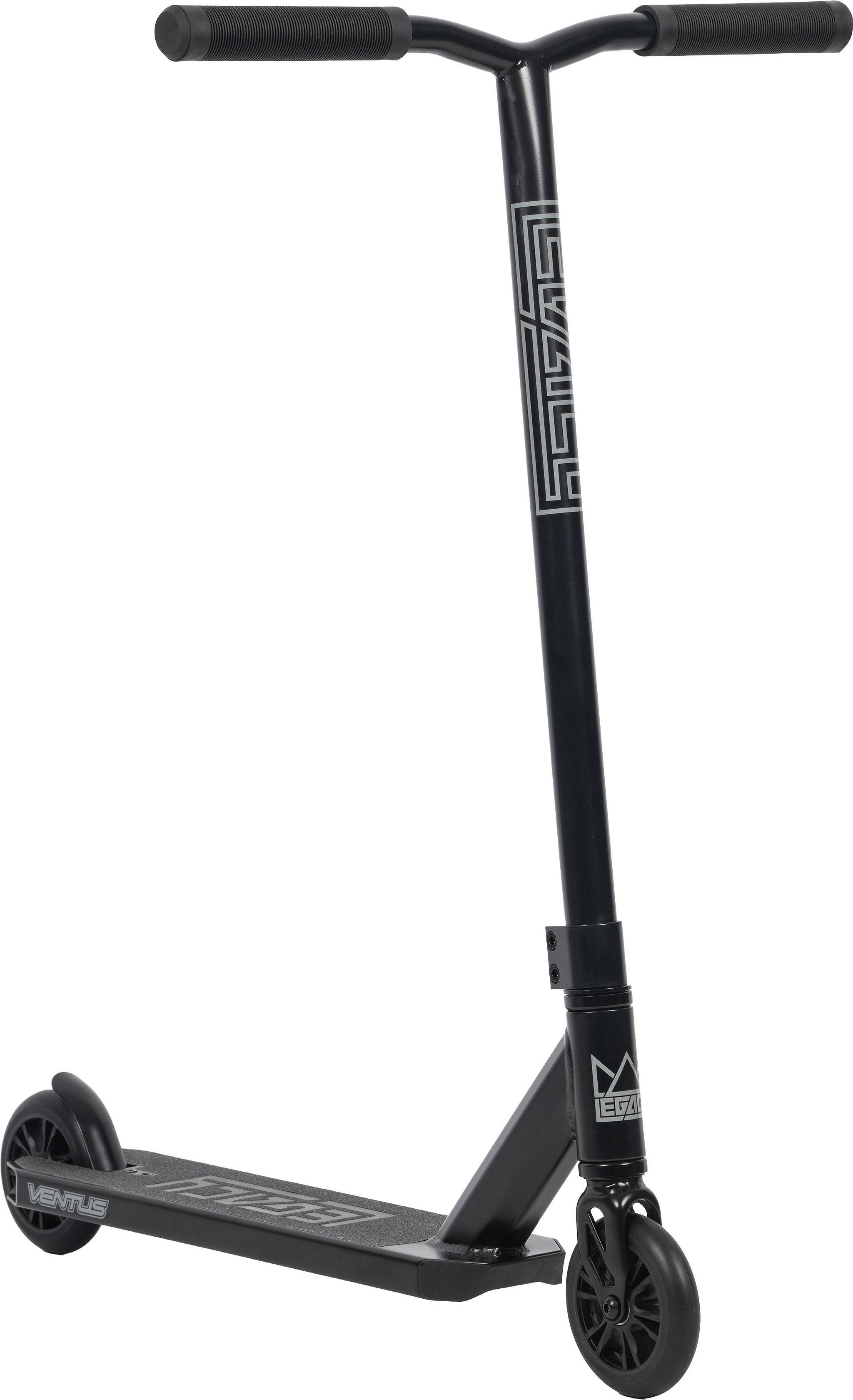 Introducing the Legacy Ventus Complete Stunt Scooter - Black by Legacy—a skatepark-ready stunt scooter featuring a wide handlebar, small wheels, and striking geometric patterns on both the handlebars and deck. With bold “LEVEL” branding on the stem and “VENTE” adorning the deck, this pro scooter combines standout style with optimal performance for riders who demand both.