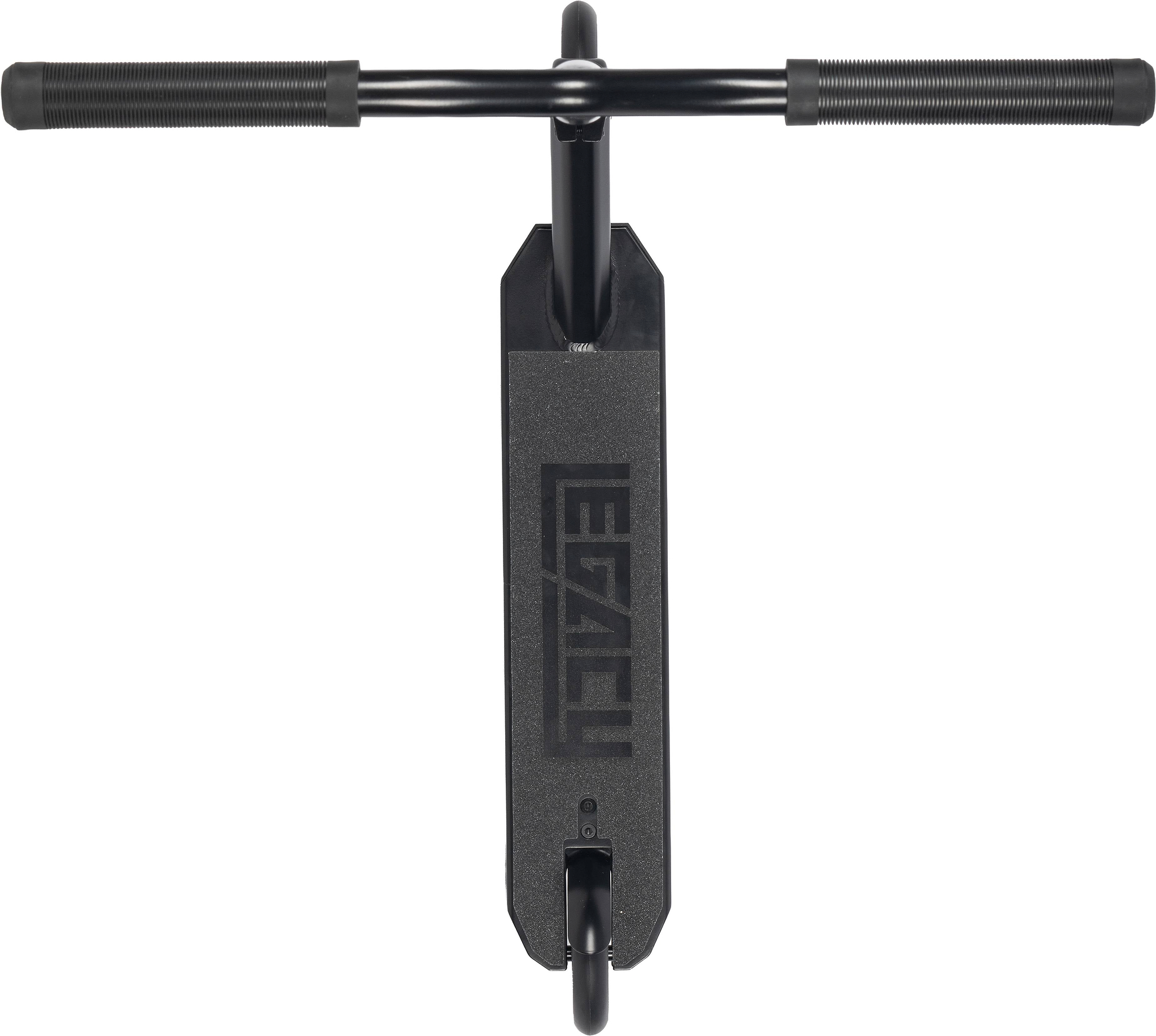 Top view of the Legacy Ventus Complete Stunt Scooter - Black by Legacy, featuring a textured foot deck with “LEGACY” in bold letters and two black handlebars with ribbed grips at the top.