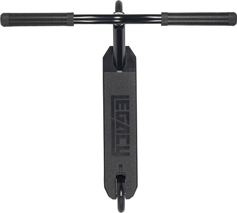 Top view of the Legacy Ventus Complete Stunt Scooter - Black by Legacy, featuring a textured foot deck with “LEGACY” in bold letters and two black handlebars with ribbed grips at the top.