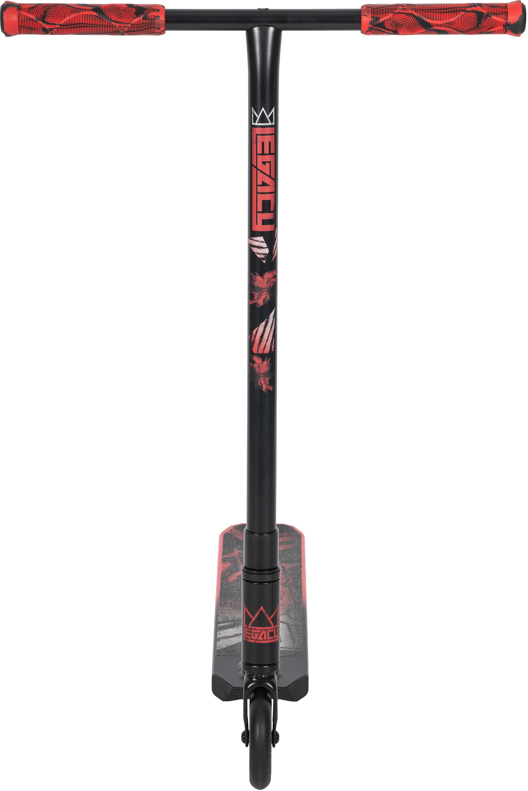 The Legacy Fade Complete Stunt Scooter in black and red features “LEGACY” on the stem, red grips, and a printed deck—ideal for beginners mastering tricks at the skatepark.