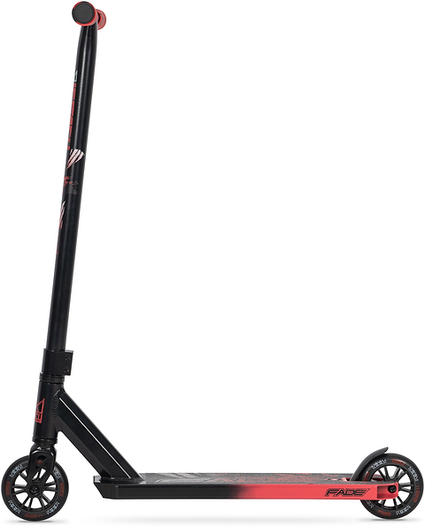 The Legacy Fade Complete Stunt Scooter by Legacy features a black and red color scheme, two wheels, a flat deck, and upright handlebars, shown from the side against a white background.