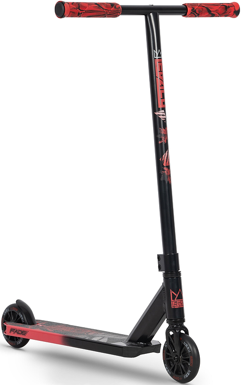 The Legacy Fade Complete Stunt Scooter by Legacy in black/red features a T-shaped handlebar, red grips, black wheels, and a graphic red deck—ideal for tricks or casual rides for both beginners and experienced riders.