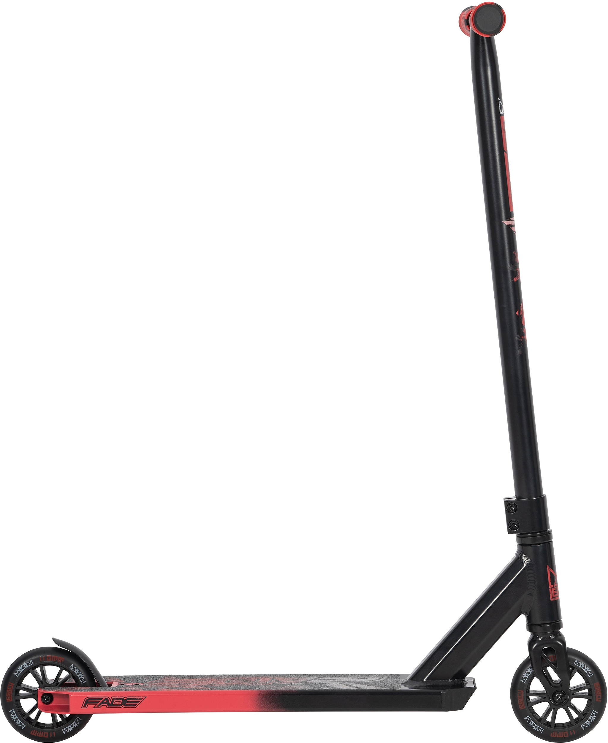The Legacy Fade Complete Stunt Scooter by Legacy in black and red features a black deck, handlebars with red grips, and black wheels—ideal for beginners seeking fun skatepark sessions.