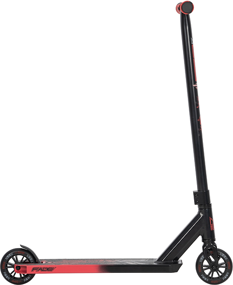 The Legacy Fade Complete Stunt Scooter by Legacy in black and red features a black deck, handlebars with red grips, and black wheels—ideal for beginners seeking fun skatepark sessions.