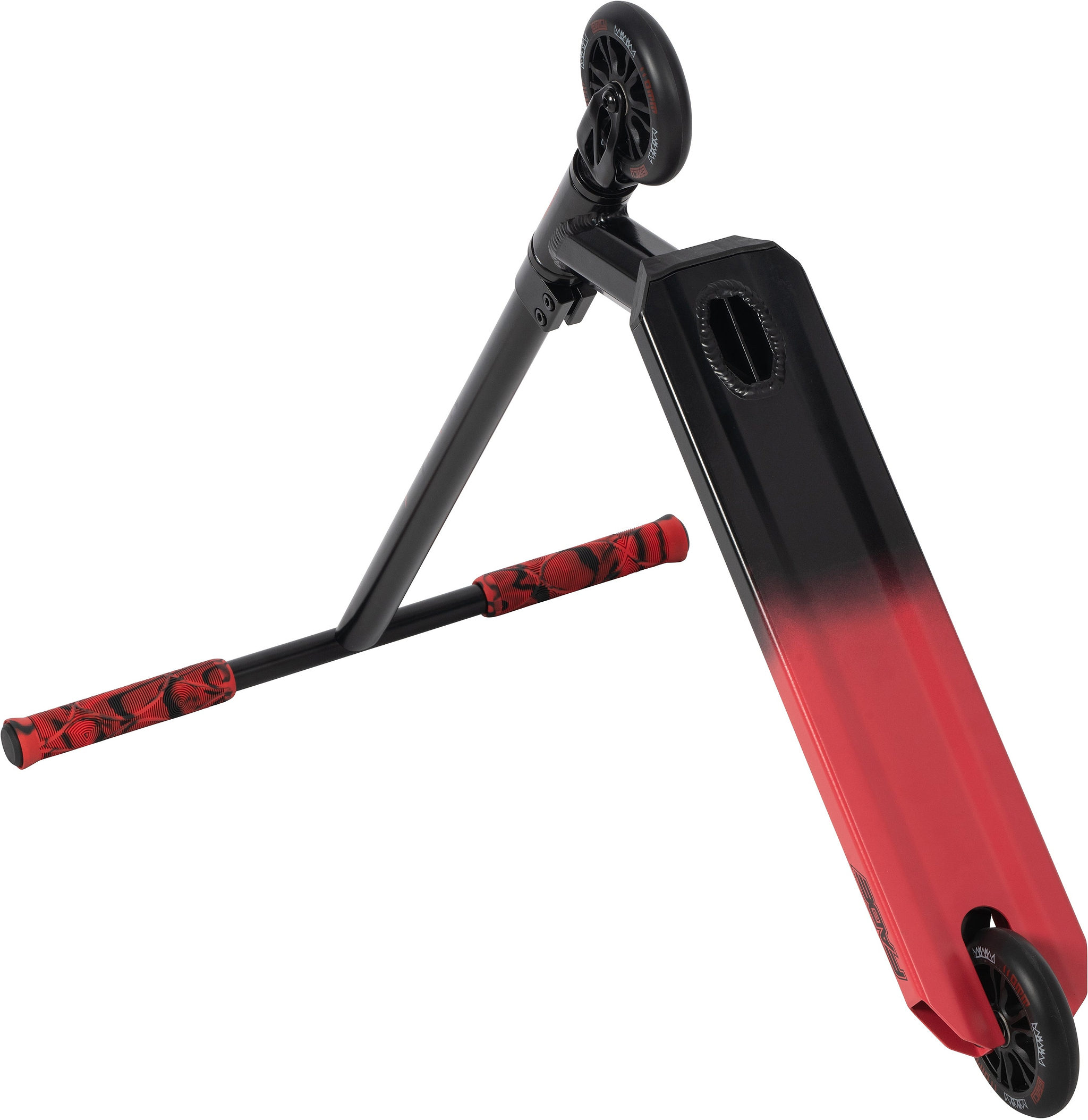 The Legacy Fade Complete Stunt Scooter by Legacy in black and red features a gradient deck, wheels, and red grips—ideal for riders seeking a stylish skatepark scooter.