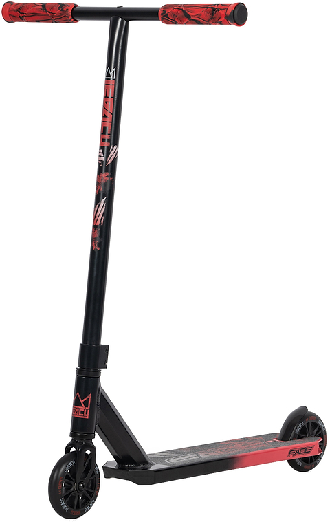 The Legacy Fade Complete Stunt Scooter by Legacy features a black and red design, T-shaped handlebar with red grips, slim deck, and black wheels with red accents—ideal for beginner riders. The word "FAST" appears on the side.