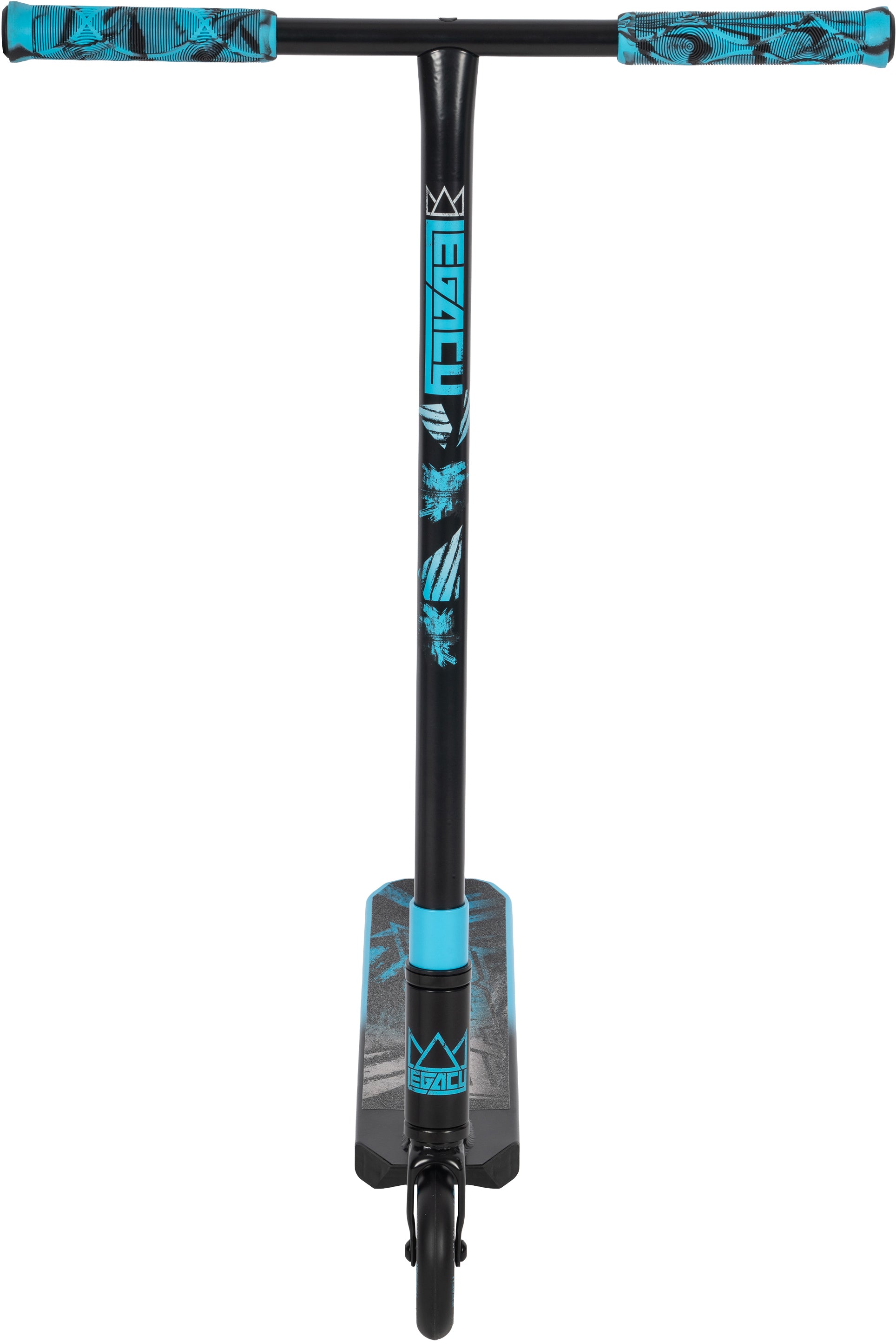 The Legacy Fade Complete Stunt Scooter in black and blue features patterned blue grips, a blue "Legacy" logo on the stem, and matching deck designs—perfect for beginners hitting the skatepark.