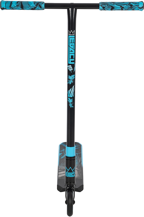The Legacy Fade Complete Stunt Scooter in black and blue features patterned blue grips, a blue "Legacy" logo on the stem, and matching deck designs—perfect for beginners hitting the skatepark.