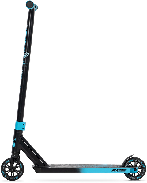 The Legacy Fade Complete Stunt Scooter by Legacy, in black and blue, features a flat deck, tall handlebar, and small wheels—ideal for beginners learning tricks. Shown from the side on a white background.