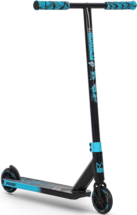 The Legacy Fade Complete Stunt Scooter - Black / Blue by Legacy features stylish graphics on the grips, deck, and downtube—ideal for beginners wanting to ride in style.