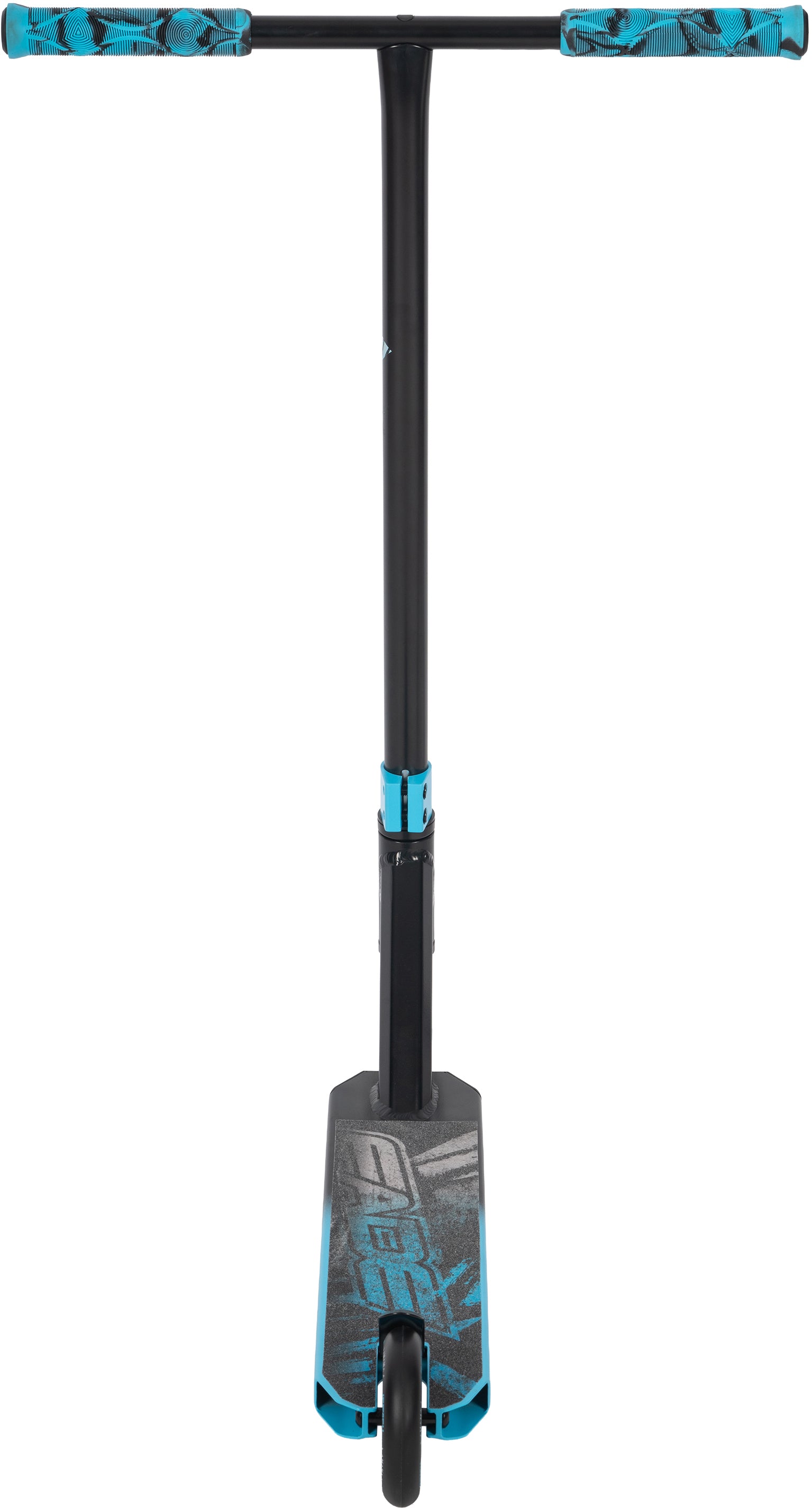Front view of the Legacy Fade Complete Stunt Scooter by Legacy in black and blue, ideal for beginners, with a wide handlebar, patterned blue grips, and a deck featuring blue and gray graphics. The single front wheel is visible below the deck.