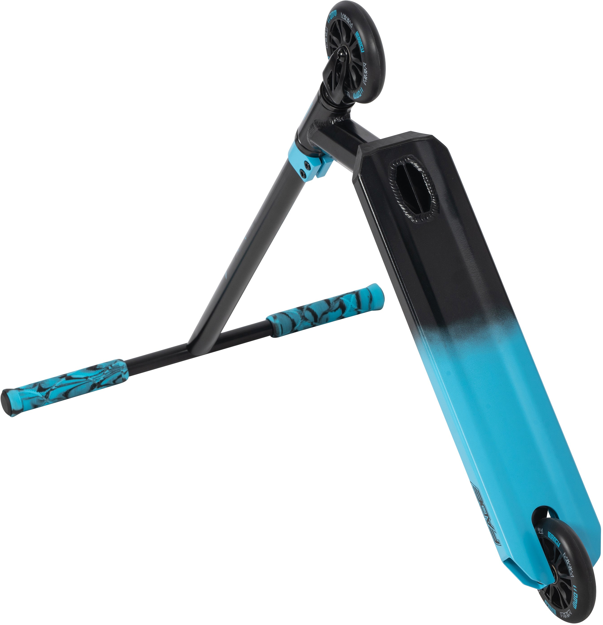 The Legacy Fade Complete Stunt Scooter by Legacy in Black / Blue is shown on its side, highlighting the deck, wheels, and handlebars with matching blue patterned grips.