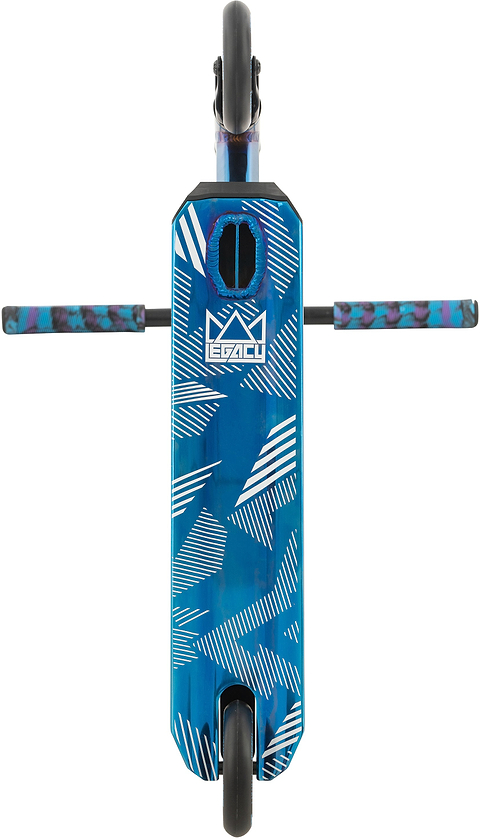 Top view of the Legacy Ventus Complete Stunt Scooter - Blu Ray Chrome: blue deck with white lines, two wheels, and handlebars with blue, purple, and black grips. The "Legacy" brand pops on the deck—ideal for any skatepark stunt scooter fan.