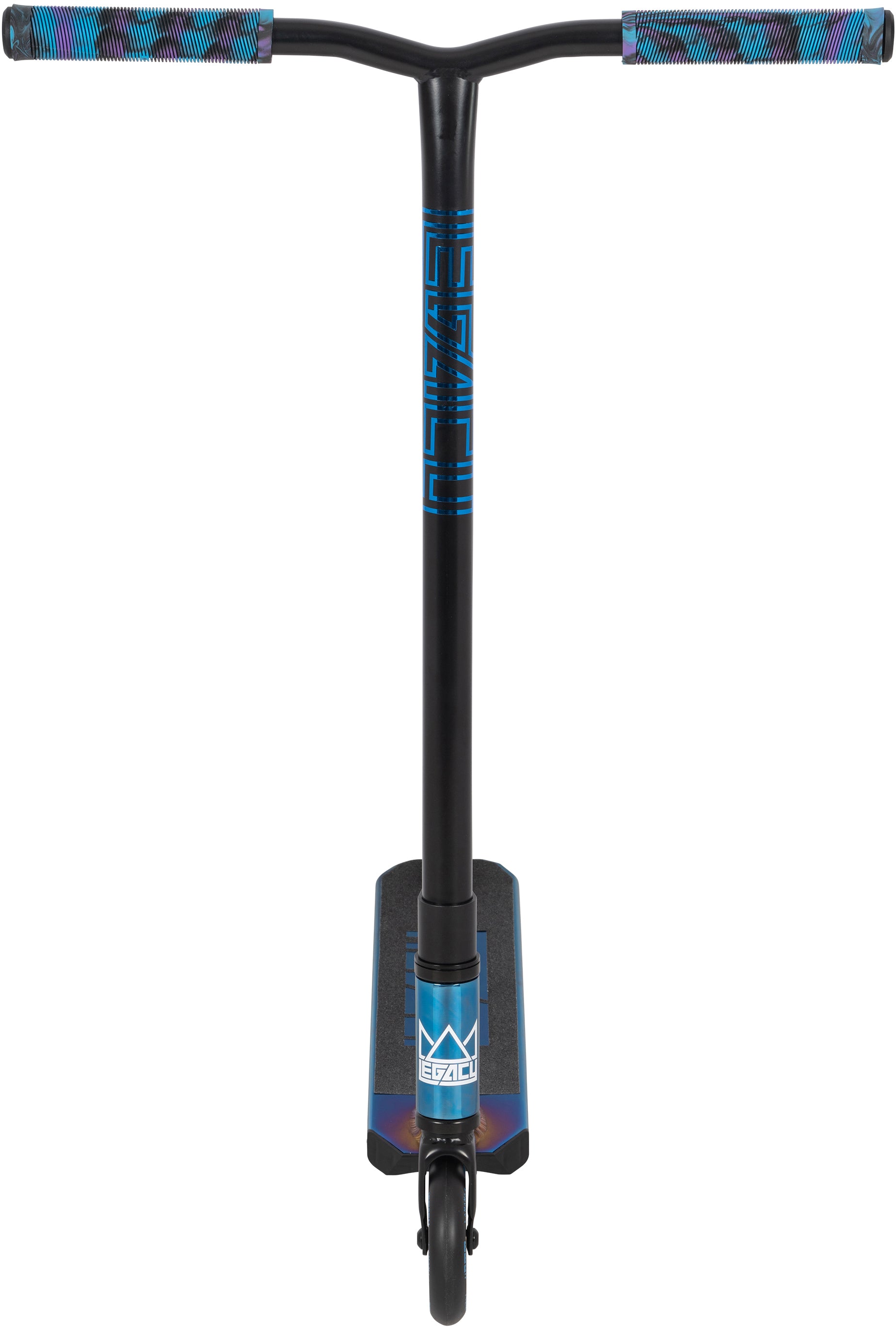 The Legacy Ventus Complete Stunt Scooter - Blu Ray Chrome by Legacy features wide handlebars with patterned grips, a narrow deck, and a single front wheel in black and blue—ideal for performing tricks at the skatepark.
