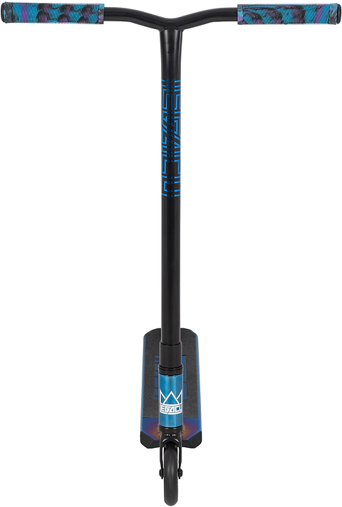 The Legacy Ventus Complete Stunt Scooter - Blu Ray Chrome by Legacy features wide handlebars with patterned grips, a narrow deck, and a single front wheel in black and blue—ideal for performing tricks at the skatepark.